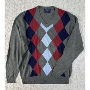 Austin Reed London Silk & Cashmere Men's Gray Large Scale Argyle Sweater Size XL